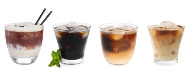 Farklı soğuk kahve içecekler. Beyaza izole edilmiş, ayarlanmış.