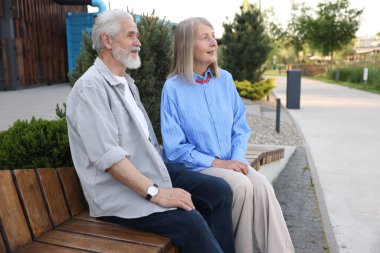 Parktaki bankta sevimli yaşlı çift.