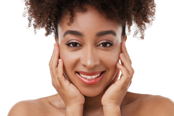 Portrait of beautiful Brazilian woman on white background, closeup