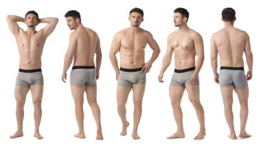 Beyaz arka planda gri iç çamaşırlı yakışıklı adam, kolaj. Farklı taraflardan görünüm
