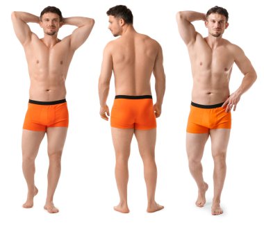 Beyaz arka planda turuncu iç çamaşırlı yakışıklı adam, kolaj. Farklı taraflardan görünüm