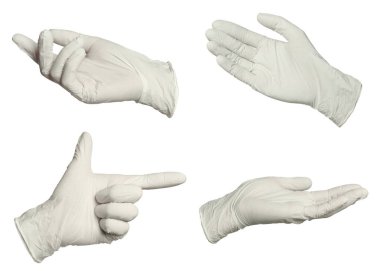 Nitril medikal eldivenler beyaz üzerine izole edilmiş, kolaj kolajı jestler