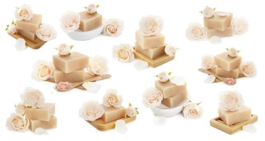 Sabun çubukları ve güller beyaza izole edilmiş, kolaj