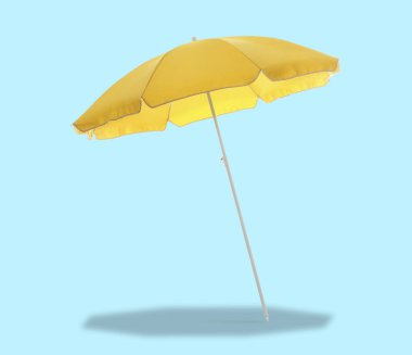 Sarı kumsal şemsiyesi açık mavi arkaplanda gölge oluşturur
