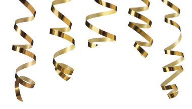 Beyaz arka planda altın yılanbalığı şeritleri. Parti dekoru