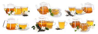 Beyaz arka planda taze mayalanmış yasemin çayı ve çiçekler, kolaj.