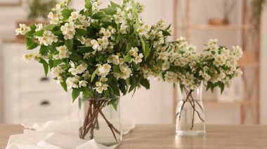 Evinde yasemin çiçekleri olan güzel bir kadın.