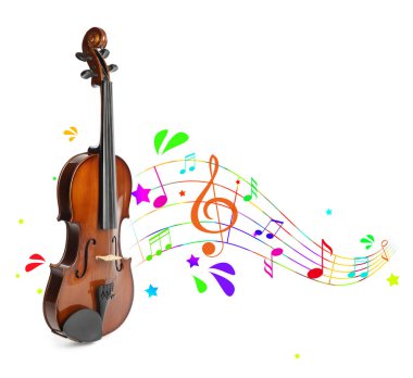 Beyaz arka planda klasik keman. Enstrümandan renkli notalar, damlacıklar ve yıldızlar akıyor