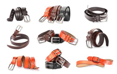 Beyaz arka planda farklı deri kemerler, kolaj