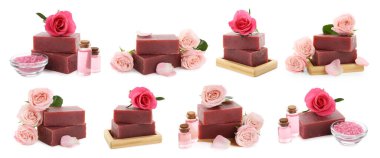 Güllü sabunlar ve beyaza izole edilmiş gerekli yağ, kolaj