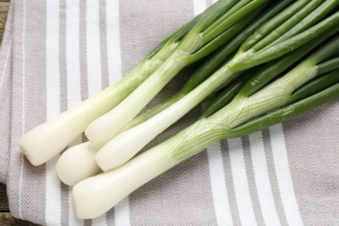 Taze taze soğan ve havlu. Masanın üstünde.