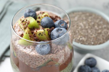 Chia tohumlu lezzetli çikolatalı puding, kivi ve yaban mersinli gri masada, yakın plan.