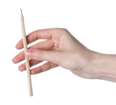 Beyaz arka planda grafit kalemi olan kadın, yakın plan