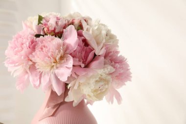 Beyaz arka planda bir buket güzel şakayık, yakın plan. Metin için boşluk