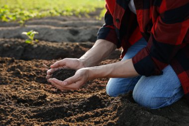 Tarlada toprak yığını tutan adam, yakın plan.