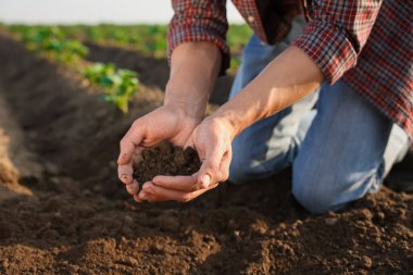 Tarlada toprak yığını tutan adam, yakın plan.