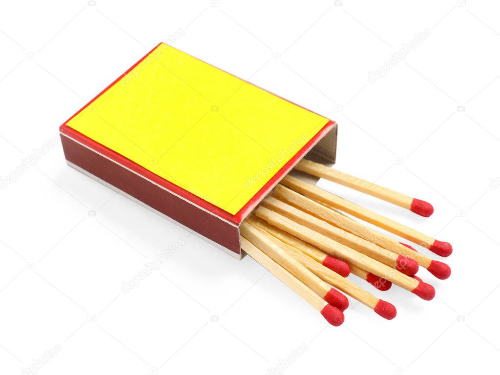 Matches in box isolated on white. Mockup for design
