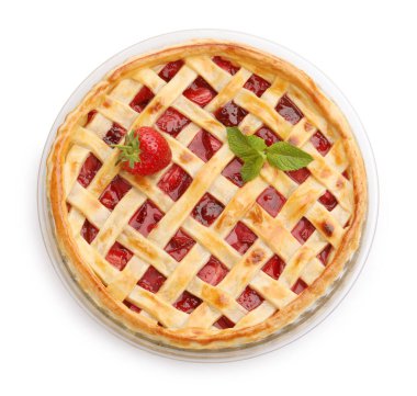 Beyaz manzaralı, lezzetli çilekli turta.