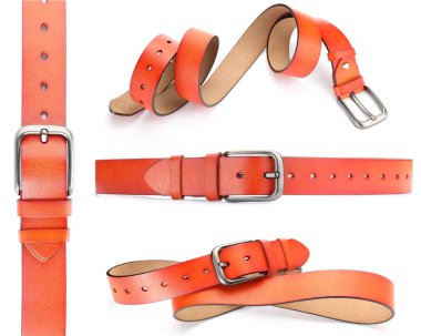 Beyaz arka planda parlak deri kemer, kolaj