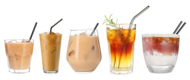 Farklı soğuk kahve içecekler. Beyaza izole edilmiş, ayarlanmış.