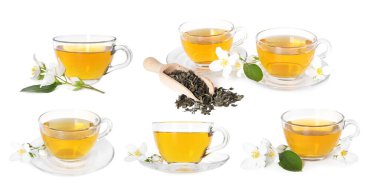 Lezzetli yasemin çayı ve beyaz arka planda taze çiçekler, kolaj.