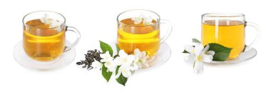 Lezzetli yasemin çayı ve beyaz arka planda taze çiçekler.