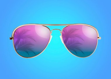 Parlak güneş gözlüğü, mavi renk eğimine karşı lenslerde avuç içi yansıması.