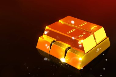 Kırmızı gradyan siyah arkaplanda parlak altın külçeler. Metin için boşluk