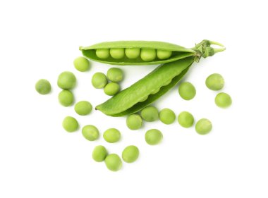 Taze yeşil bezelyeler ve kabuklar beyaz, üst manzara