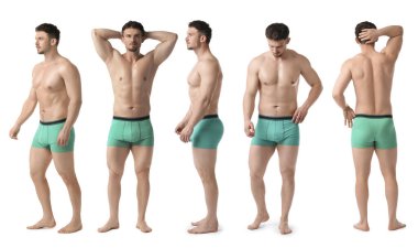 Beyaz arka planda turkuaz iç çamaşırlı yakışıklı adam, kolaj. Farklı taraflardan görünüm