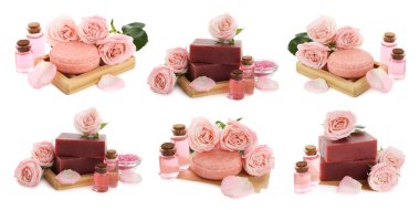 Güllü sabunlar ve beyaza izole edilmiş gerekli yağ, kolaj