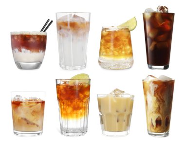 Farklı soğuk kahve içecekler. Beyaza izole edilmiş, ayarlanmış.