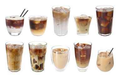 Farklı soğuk kahve içecekler. Beyaza izole edilmiş, ayarlanmış.