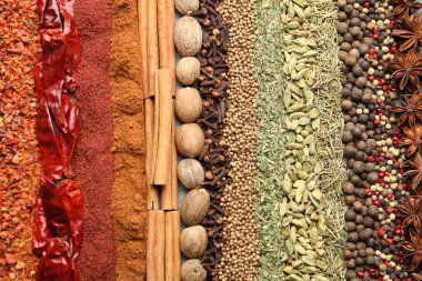 Arka plan olarak birçok farklı baharat, üst görünüm