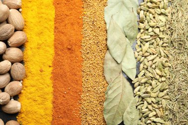 Arka plan olarak birçok farklı baharat, üst görünüm