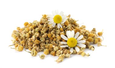 Kuru ve taze papatya çiçeği yığını beyaz üzerine izole edilmiş.