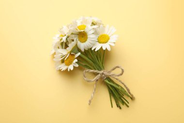 Sarı arka planda bir buket papatya çiçeği.
