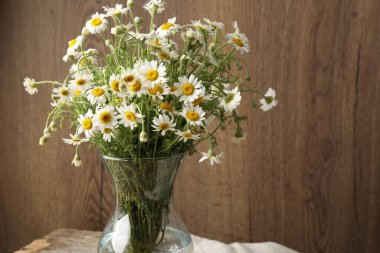 Masanın üzerinde cam vazodaki güzel papatya çiçekleri, yakın plan. Metin için boşluk