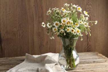 Tahta masadaki cam vazoda güzel papatya çiçekleri, metin için yer.