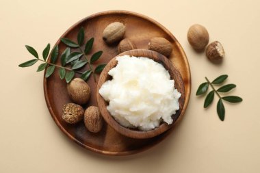 Bej arka planda doğal Shea yağı, üst görünüm