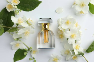 Bir şişe parfüm, yasemin çiçekleri ve beyaz arka planda yeşil yapraklar.