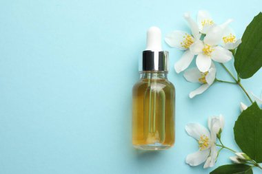 Temel yağ, yasemin çiçekleri ve açık mavi arka planda yeşil yapraklar. Metin için boşluk