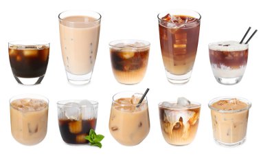 Farklı soğuk kahve içecekler. Beyaza izole edilmiş, ayarlanmış.