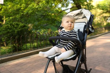 Parktaki bebek arabasında şirin bir bebek. Metin için boşluk