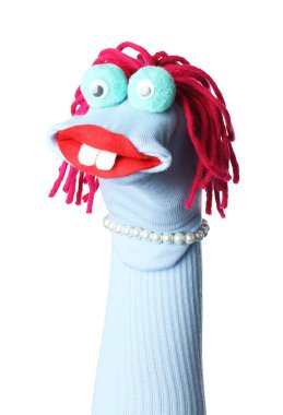 Beyaz saçlı, komik çorap kuklası.