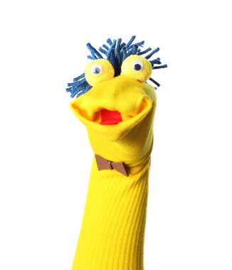 Beyaz saçlı, komik çorap kuklası.