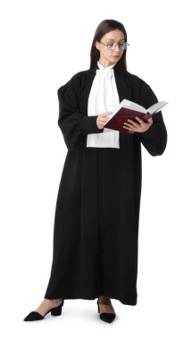 Beyaz arkaplan üzerine kitabı olan hakimin tam boy portresi