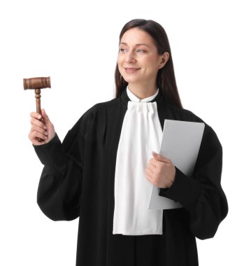 Beyaz arka planda tokmakla ve belgelerle hakim