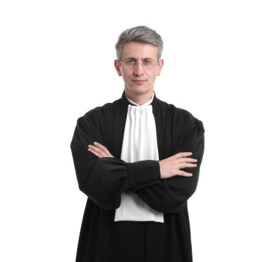 Beyaz arka planda çapraz kollu yargıç