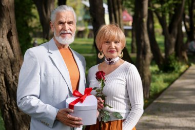 Hediye kutusu ve parkta gül taşıyan sevimli yaşlı çift.